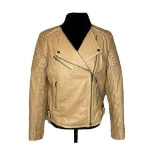 Treasure & Bond Tan Quilted Distressed Leather Moto Jacket, Size Medium